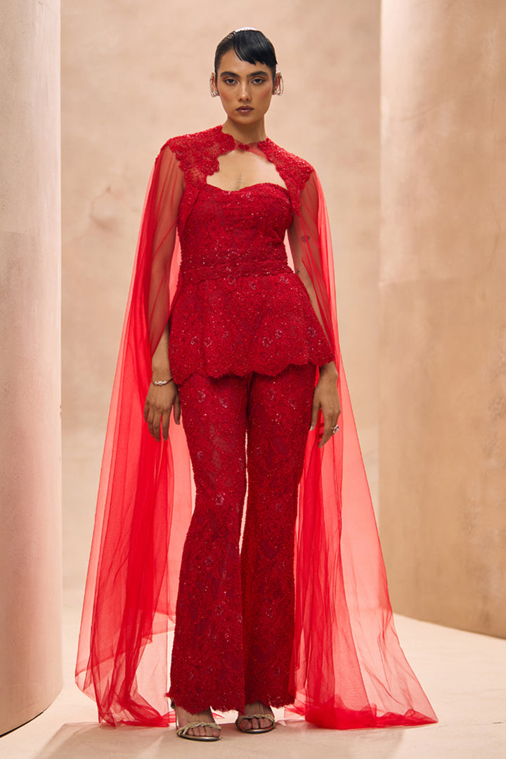 Aeris Red Embellished Kurta With Cape Set