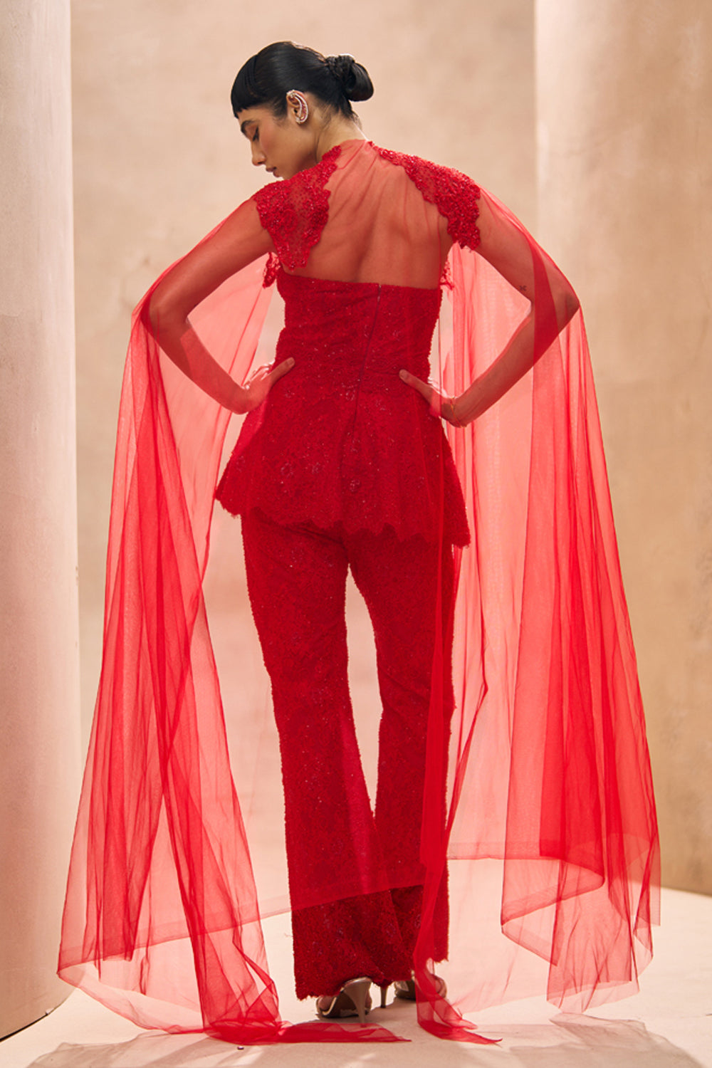 Aeris Red Embellished Kurta With Cape Set