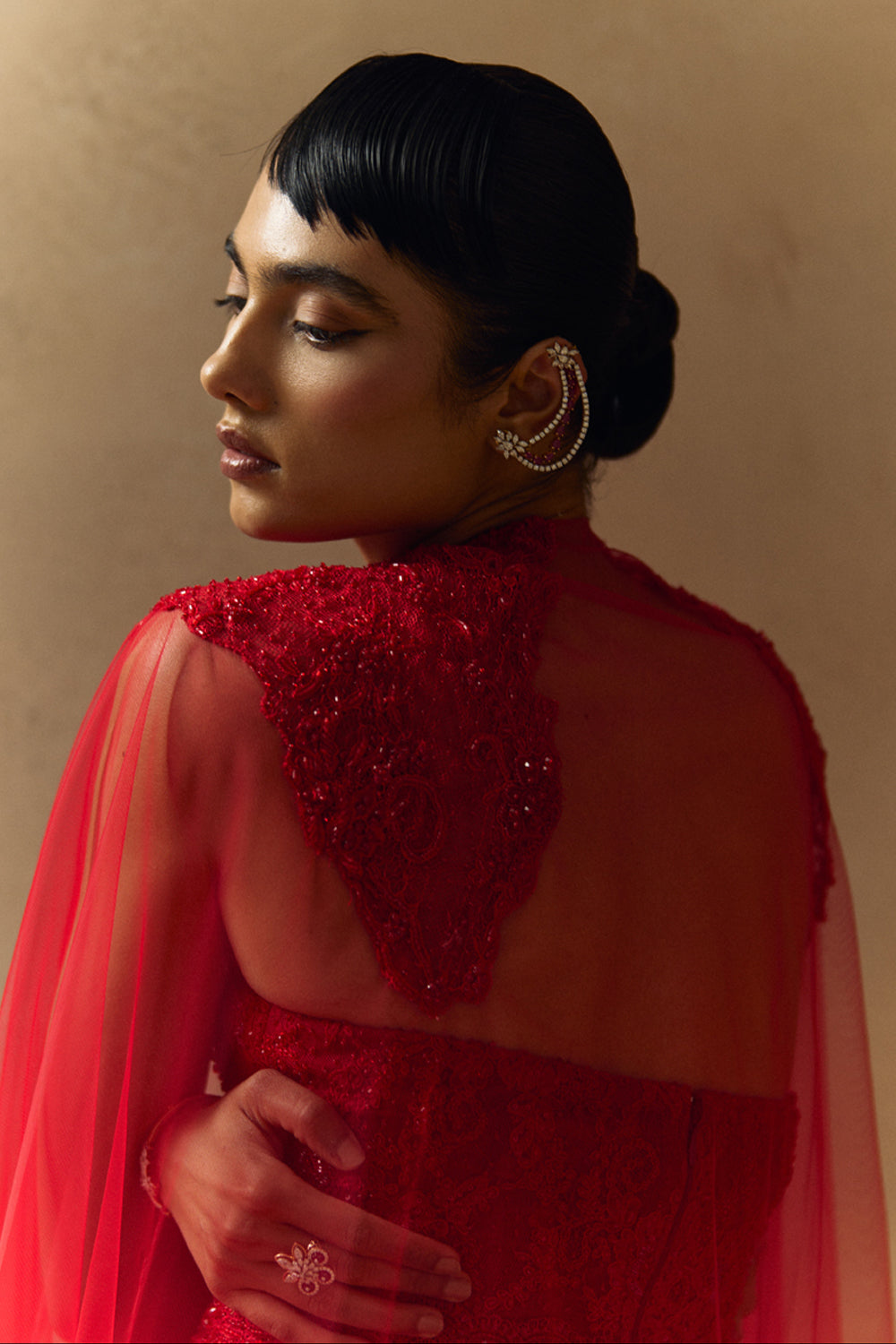 Aeris Red Embellished Kurta With Cape Set