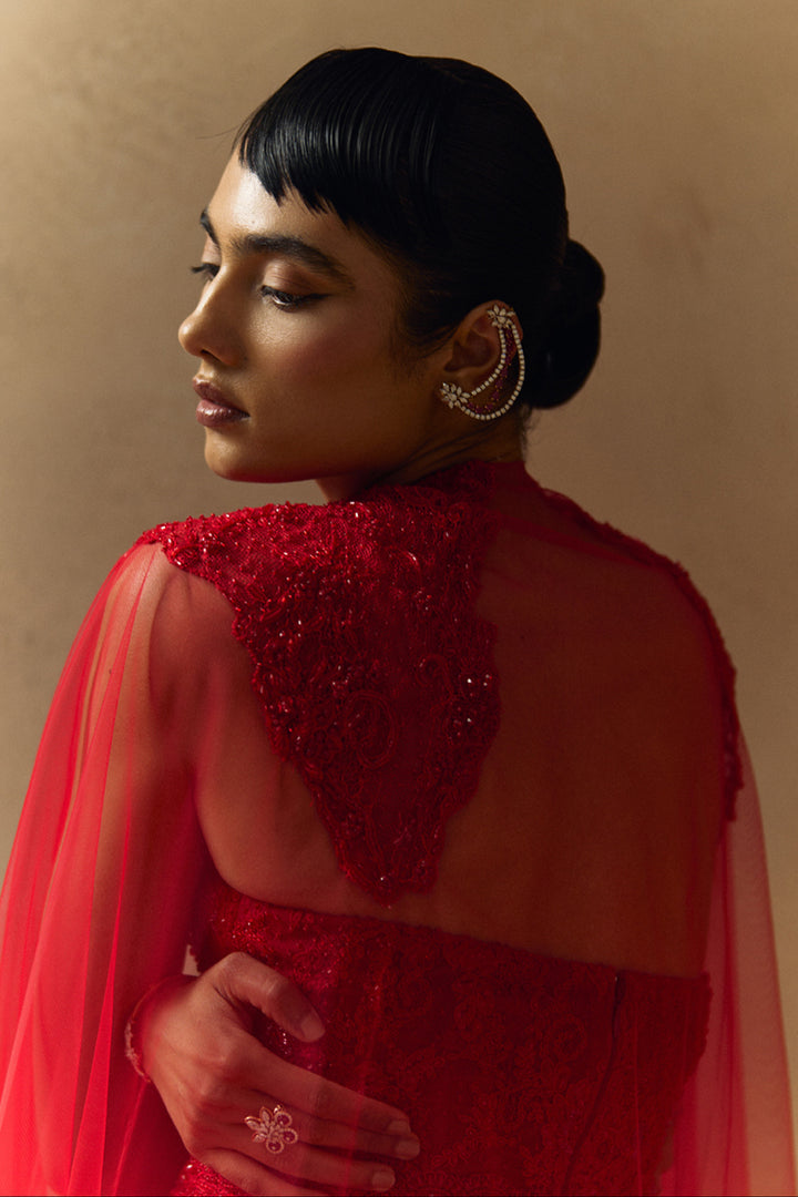 Aeris Red Embellished Kurta With Cape Set