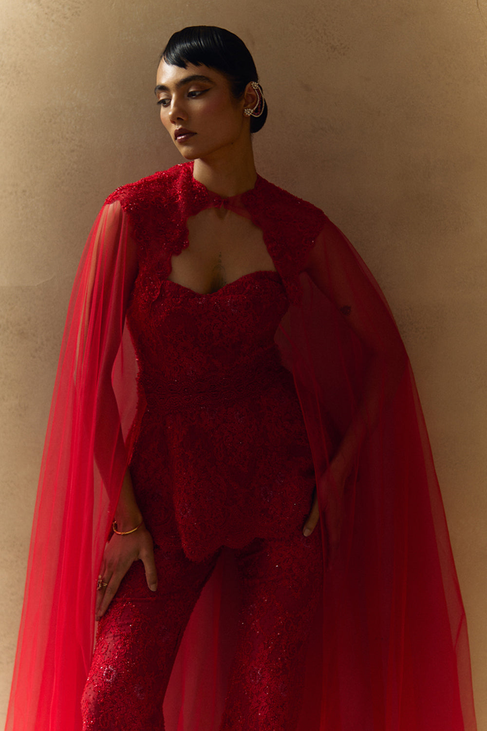 Aeris Red Embellished Kurta With Cape Set
