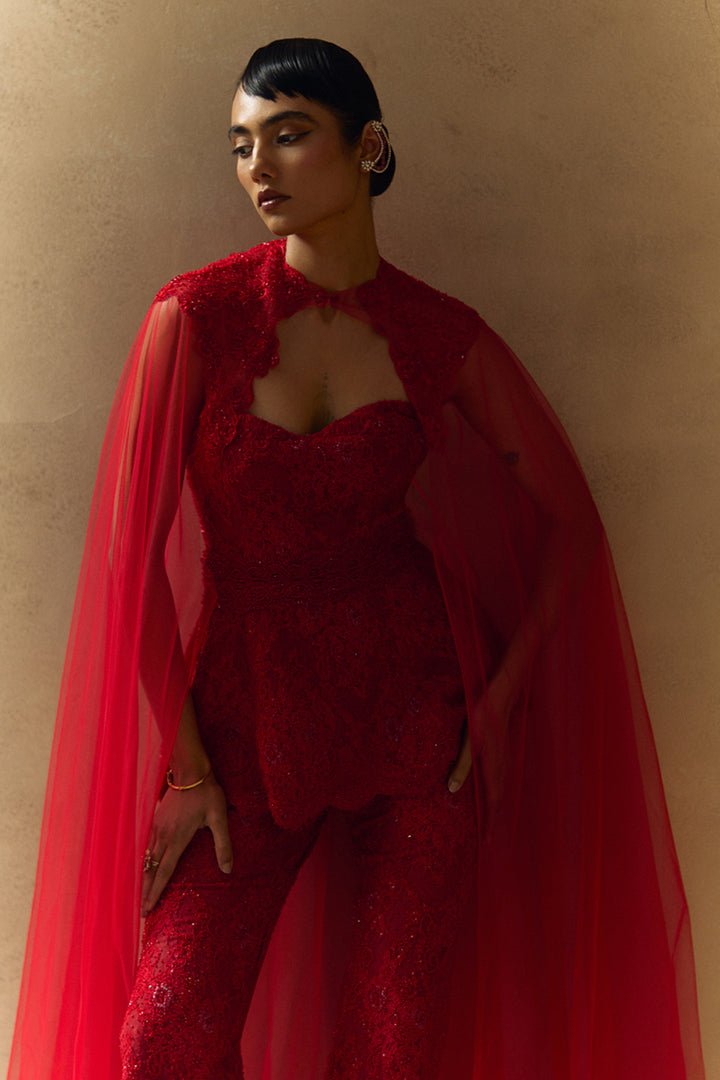 Aeris Red Embellished Kurta With Cape Set