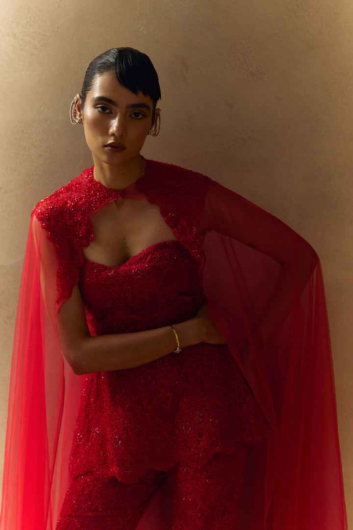 Aeris Red Embellished Kurta With Cape Set
