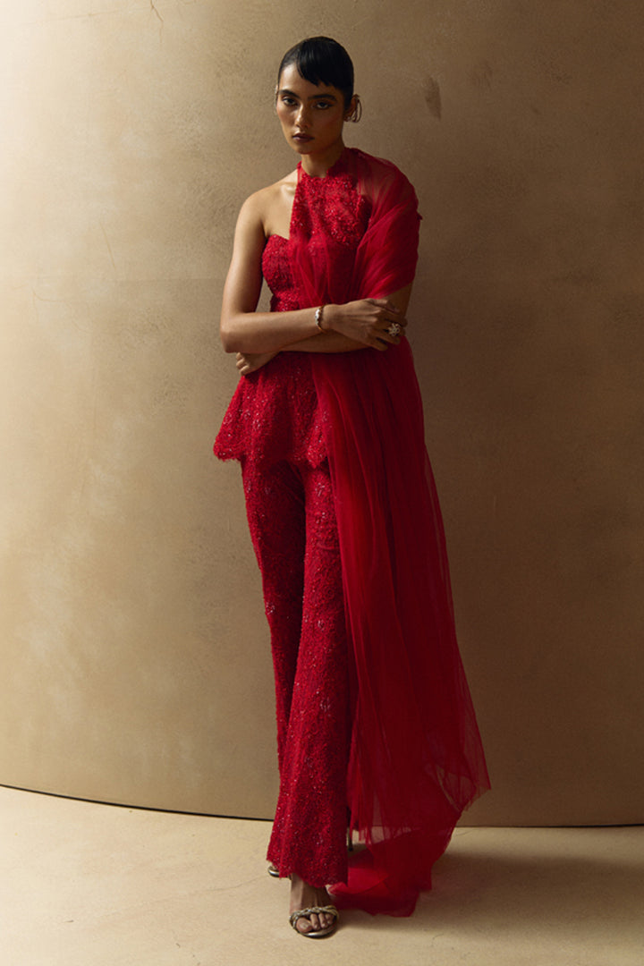 Aeris Red Embellished Kurta With Cape Set