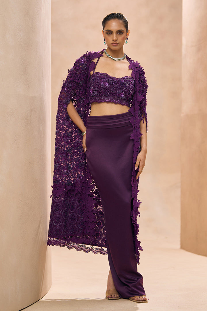 Betty Purple Embellished Bustier and Pencil Skirt Set