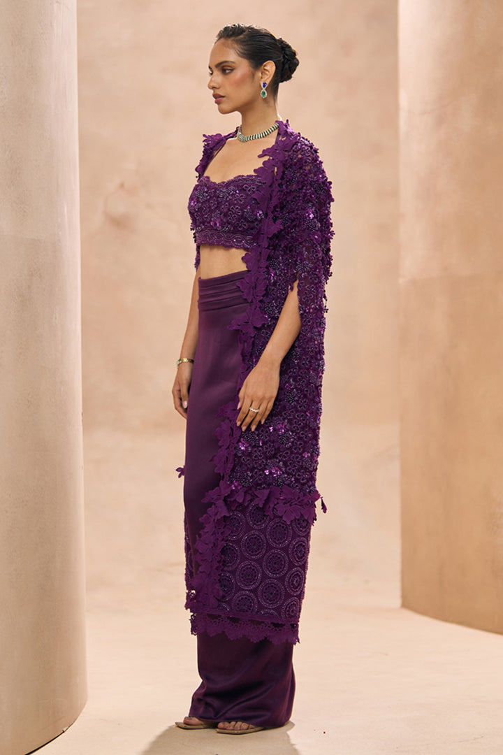 Betty Purple Embellished Bustier and Pencil Skirt Set