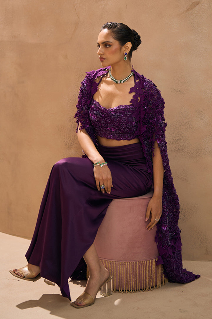 Betty Purple Embellished Bustier and Pencil Skirt Set