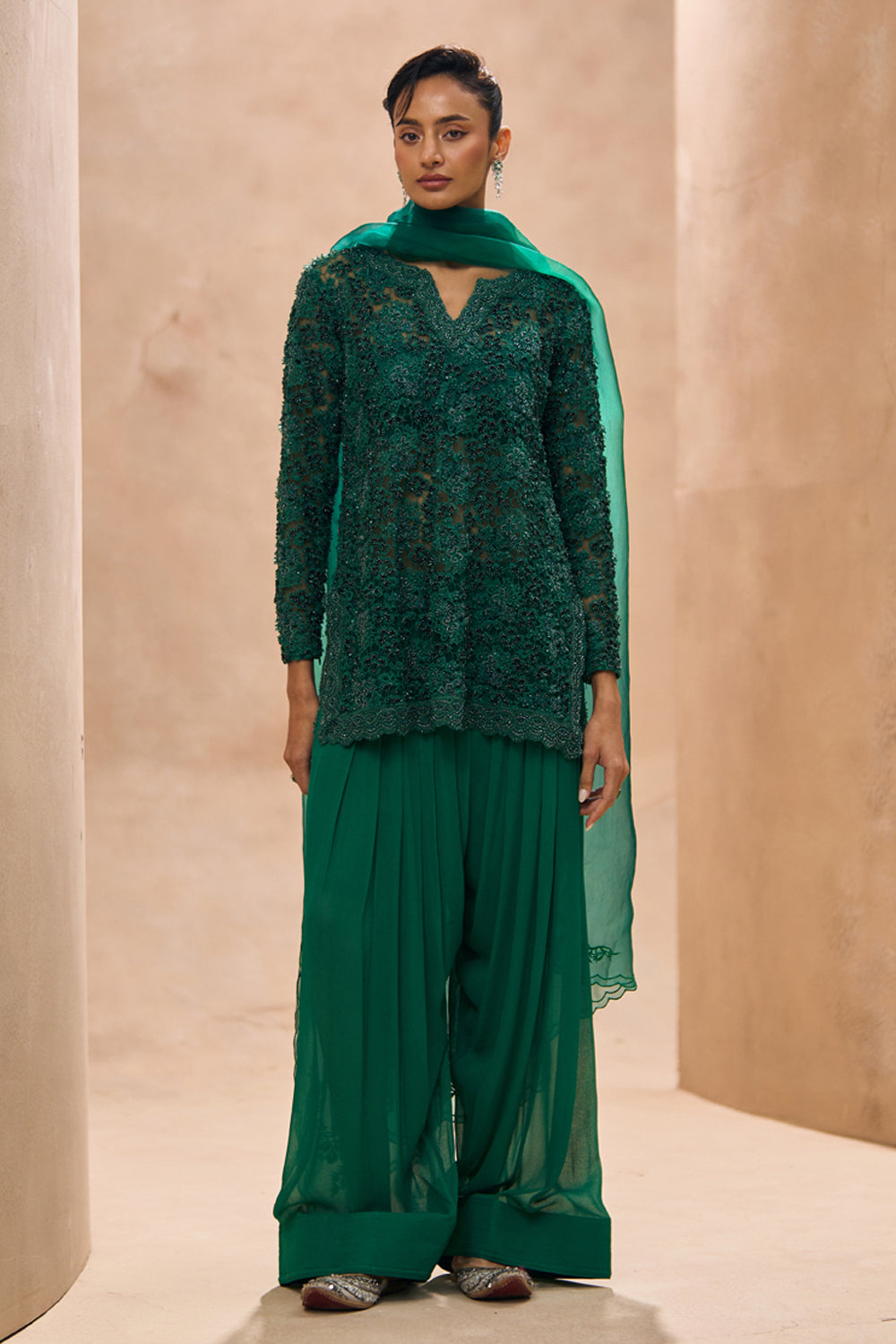 Arvi Emerald Green Embellished Short Kurta Farshi Salwar Set