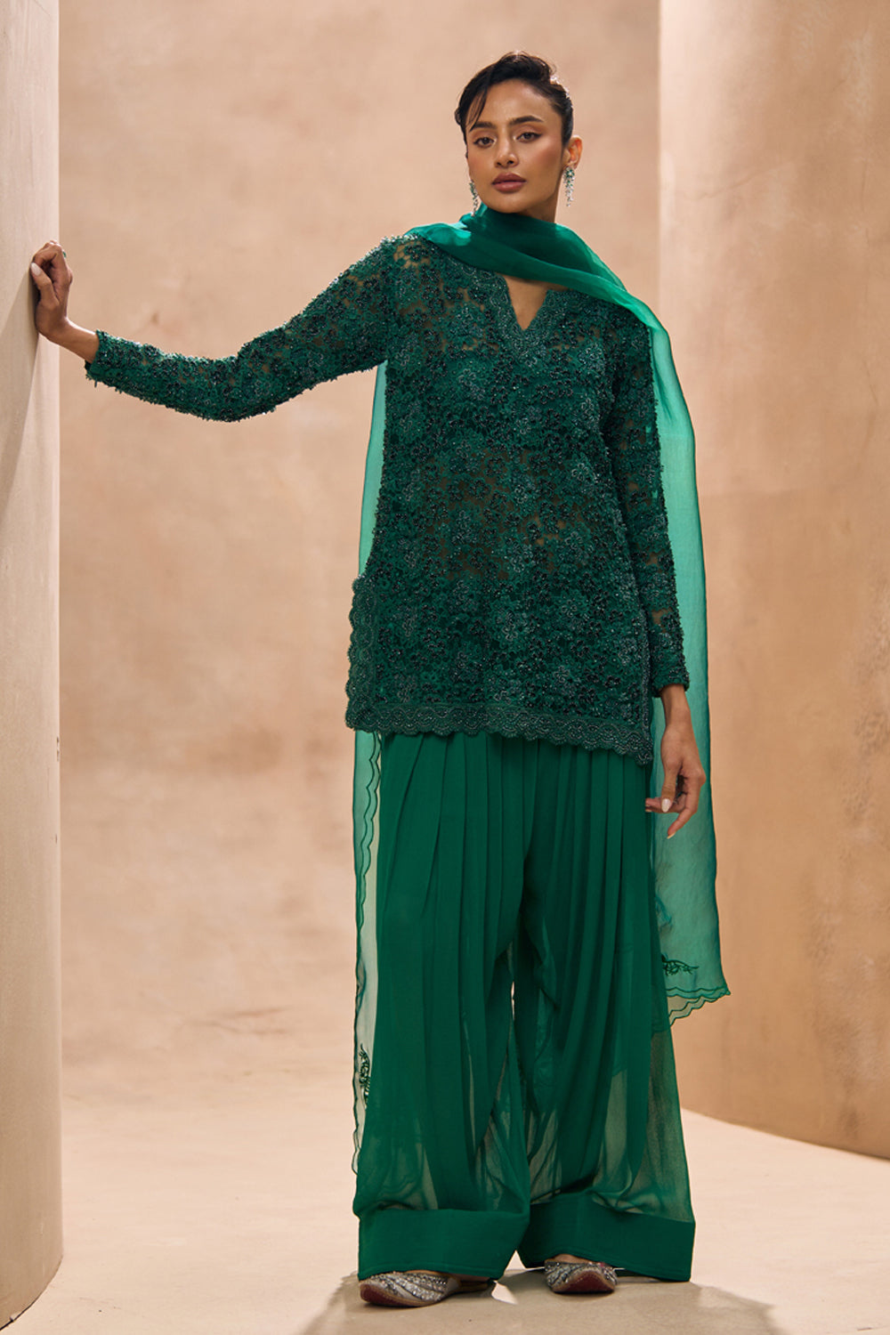 Arvi Emerald Green Embellished Short Kurta Farshi Salwar Set