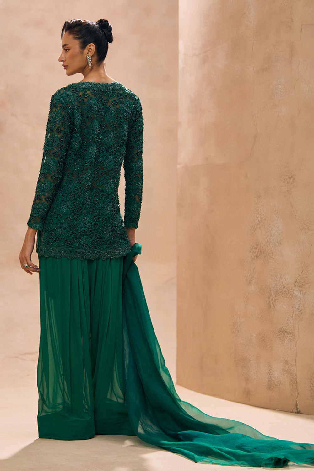 Arvi Emerald Green Embellished Short Kurta Farshi Salwar Set