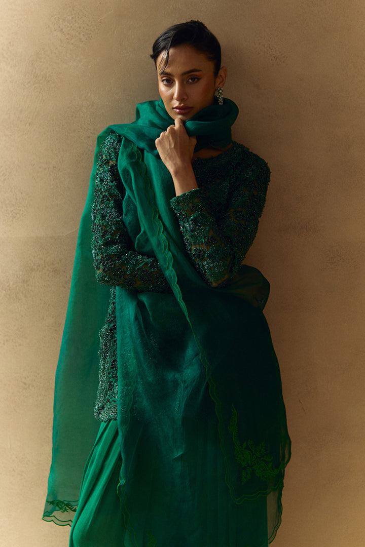 Arvi Emerald Green Embellished Short Kurta Farshi Salwar Set