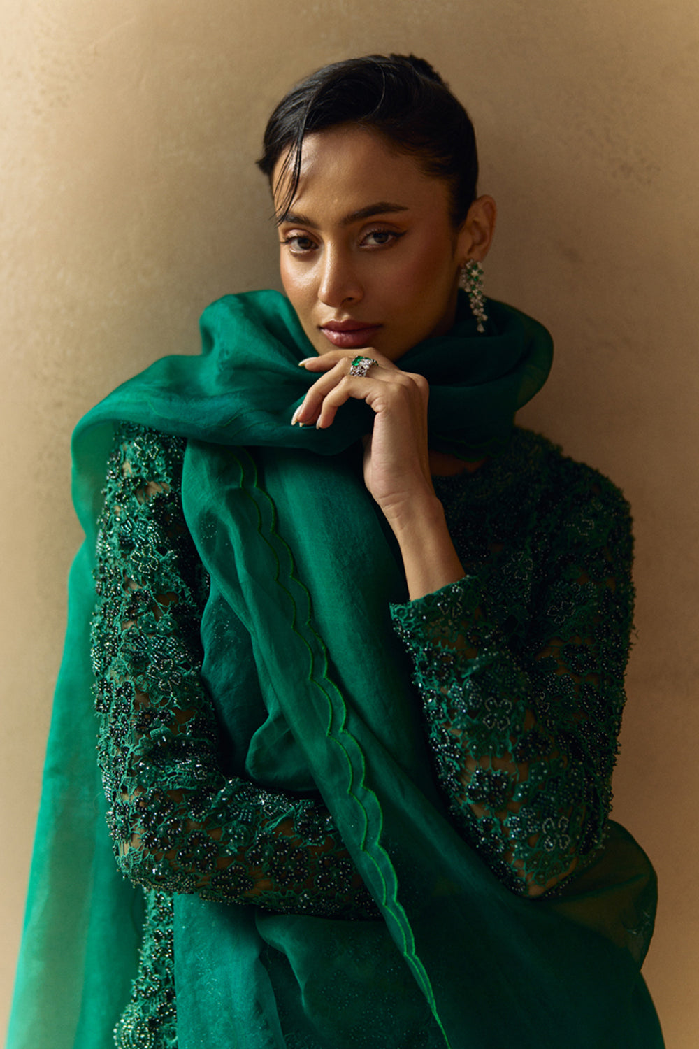 Arvi Emerald Green Embellished Short Kurta Farshi Salwar Set