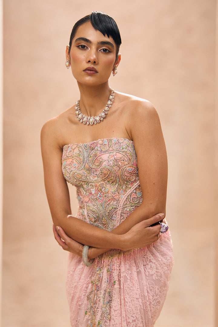 Aari Baby Pink Corset Top With Drape Skirt Set