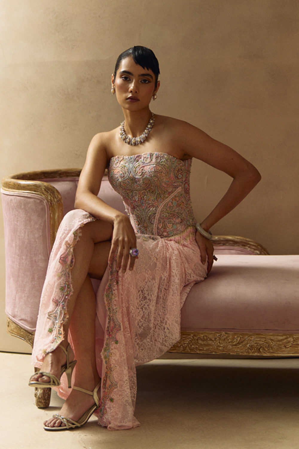Aari Baby Pink Corset Top With Drape Skirt Set