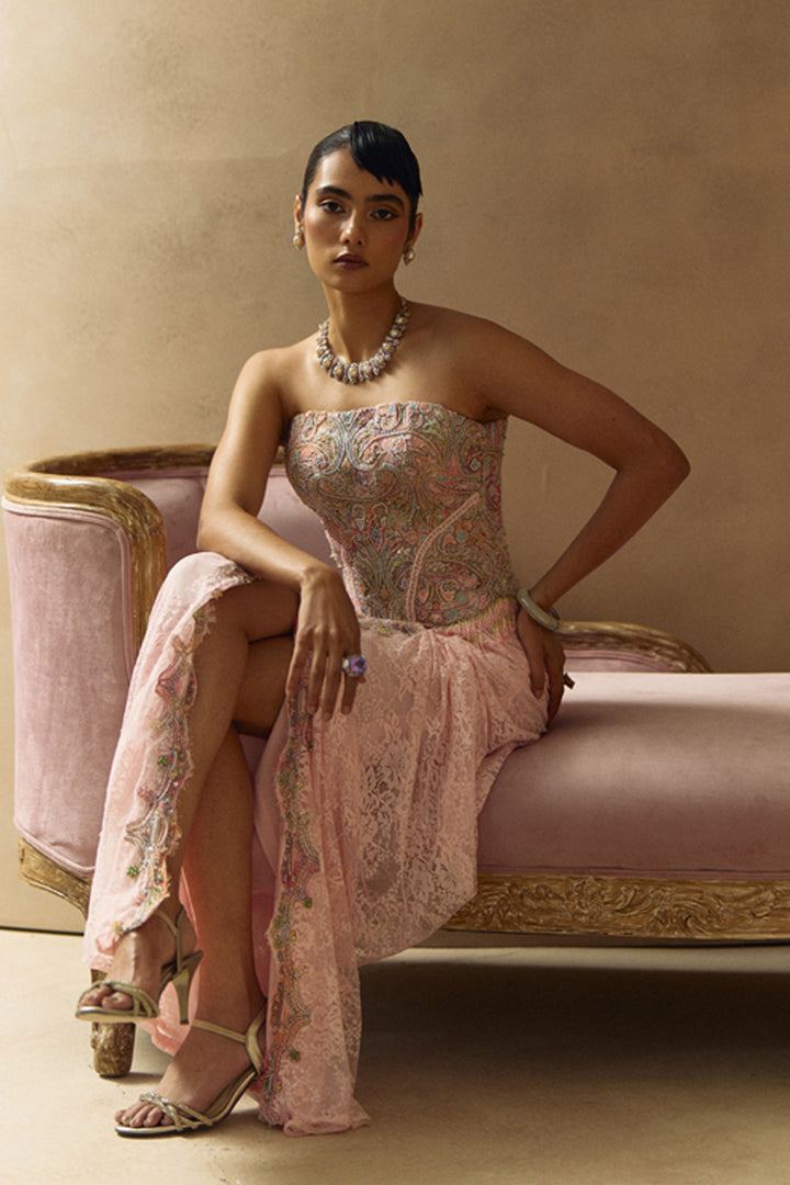 Aari Baby Pink Corset Top With Drape Skirt Set