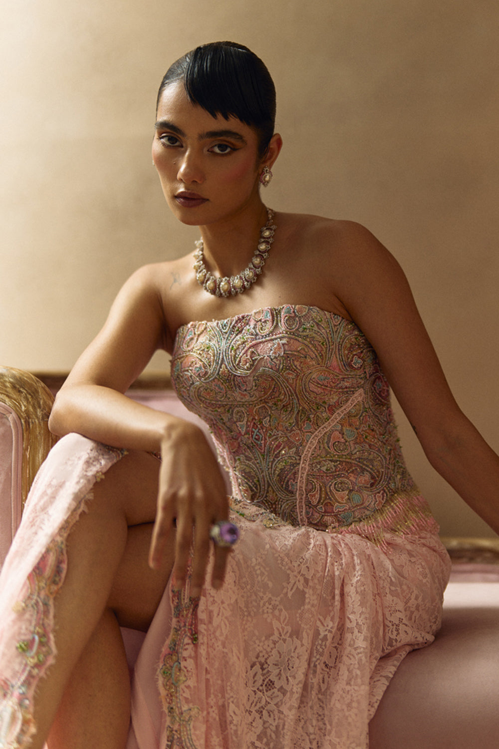 Aari Baby Pink Corset Top With Drape Skirt Set