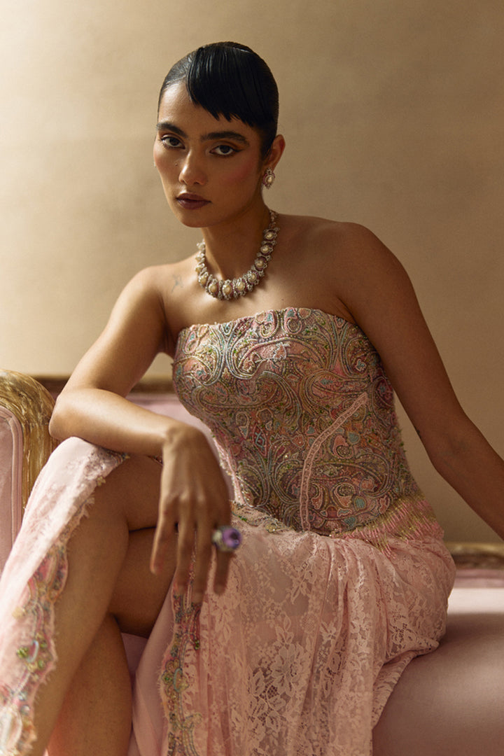 Aari Baby Pink Corset Top With Drape Skirt Set