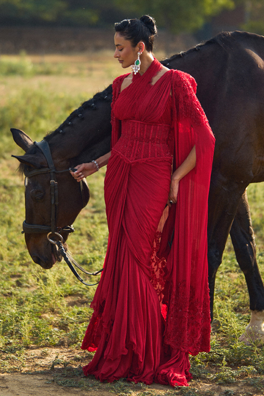 Reine Red Ruffle Saree With Cape Set
