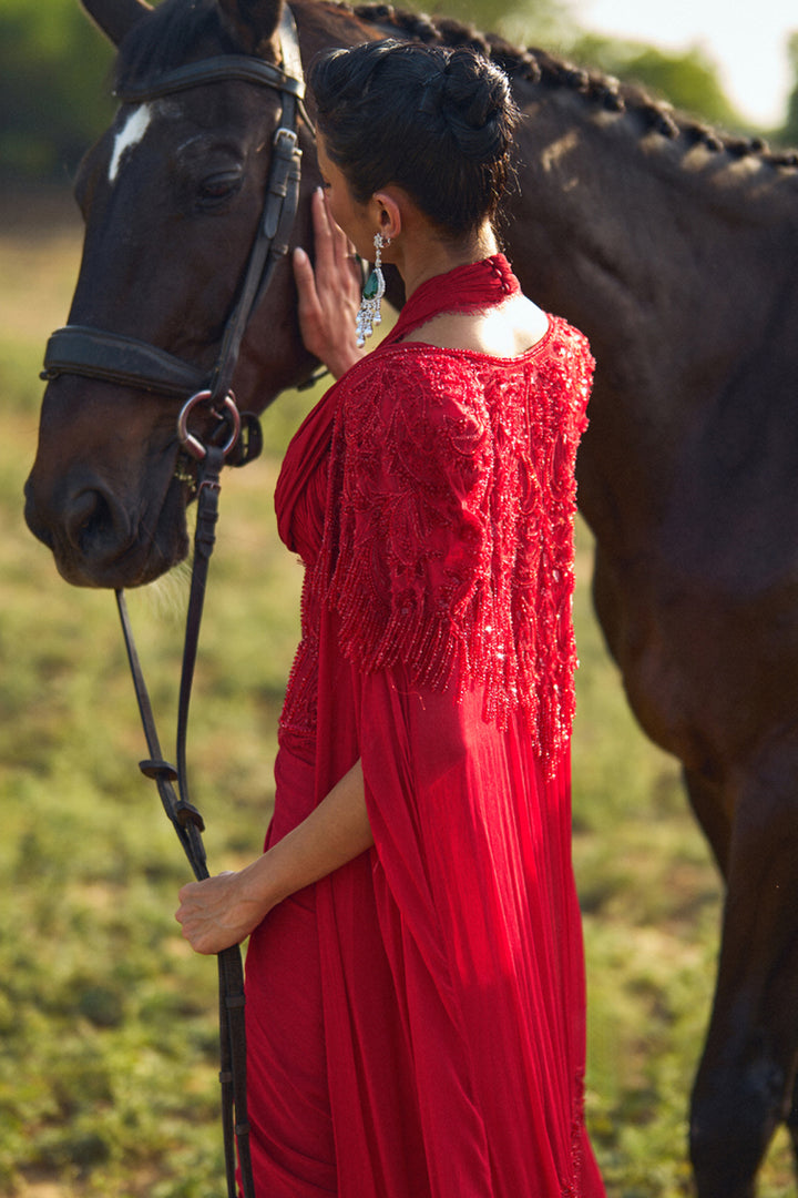 Reine Red Ruffle Saree With Cape Set