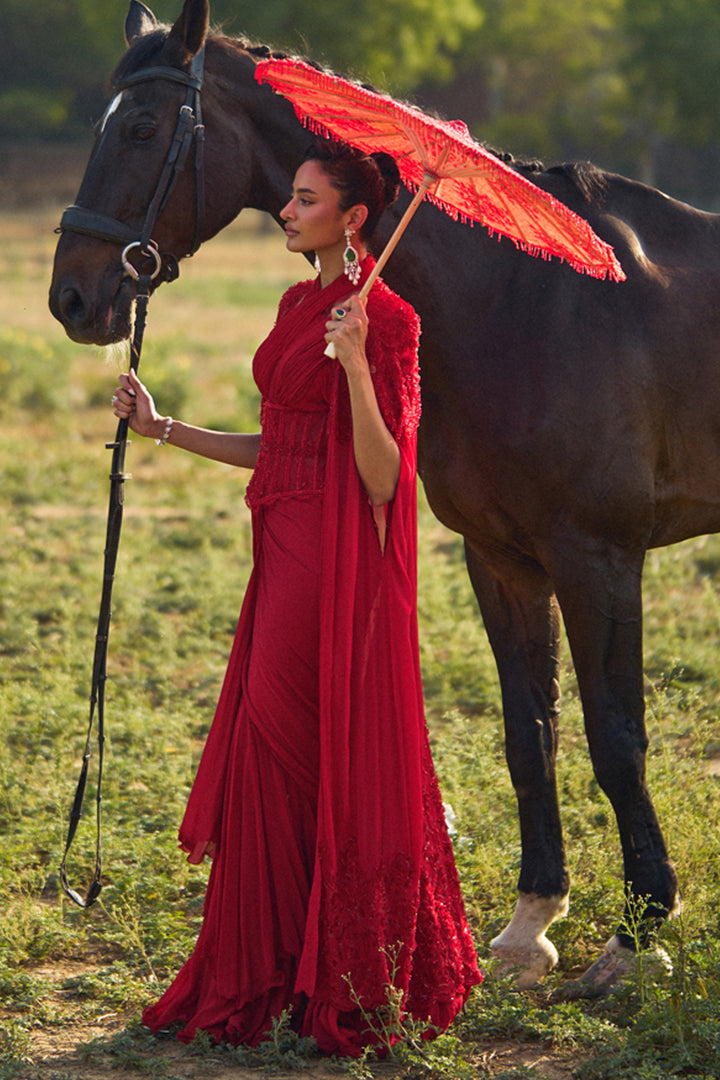 Reine Red Ruffle Saree With Cape Set