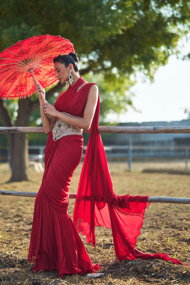 Noemie Red Ruffle Saree With Corset Set
