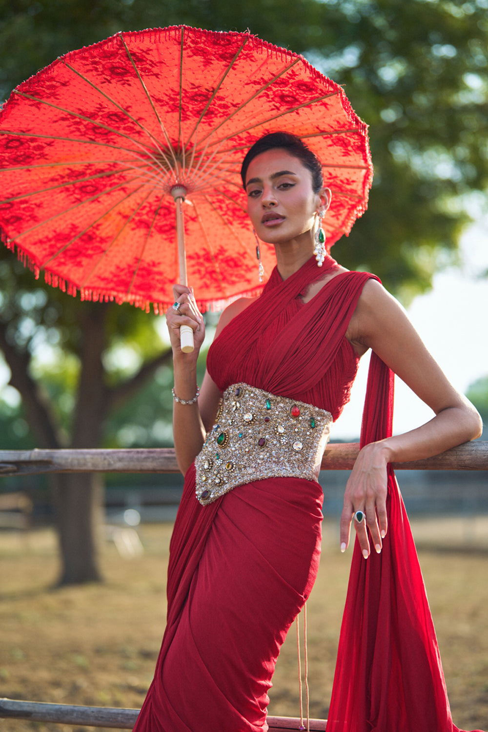 Noemie Red Ruffle Saree With Corset Set