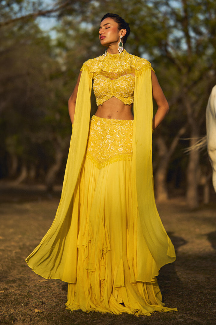 Cia Yellow Cape and Frill Skirt Set
