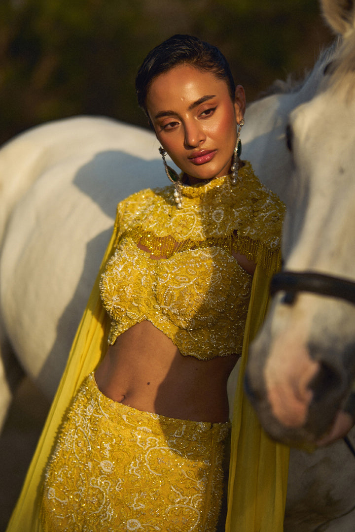 Cia Yellow Cape and Frill Skirt Set