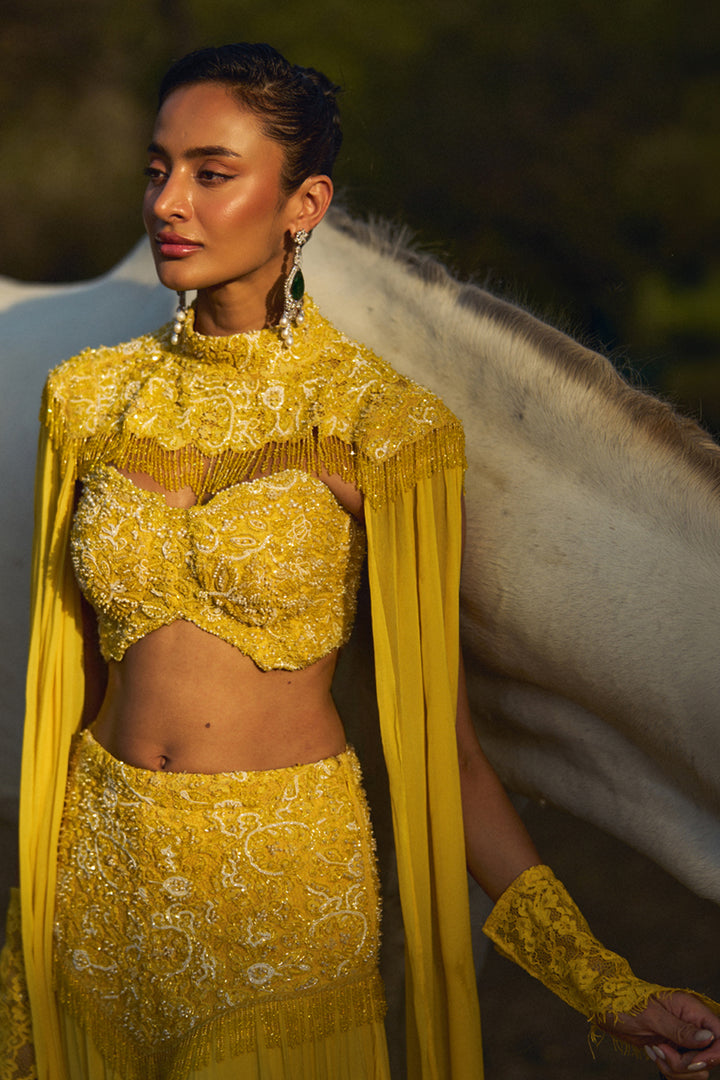 Cia Yellow Cape and Frill Skirt Set