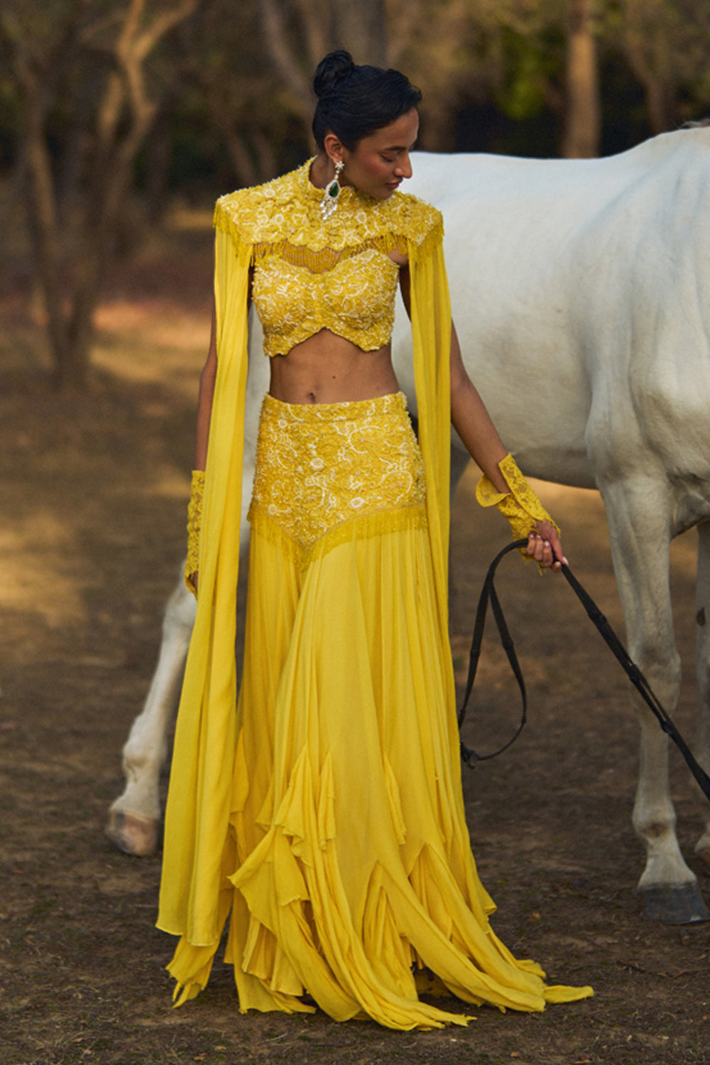 Cia Yellow Cape and Frill Skirt Set