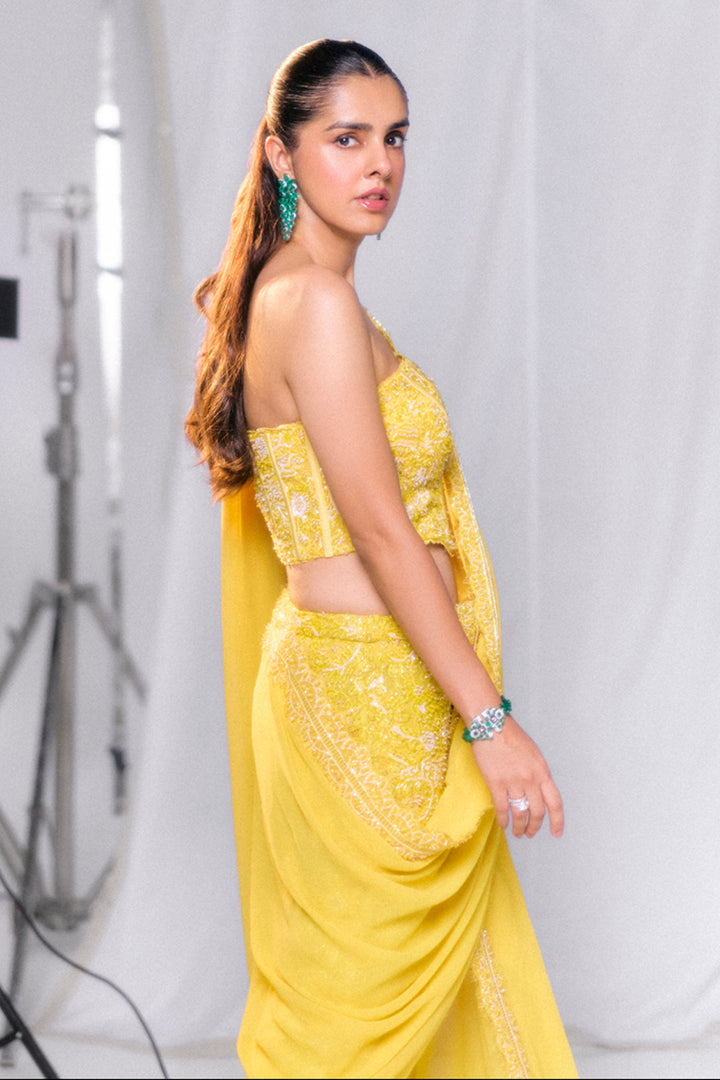 Aiza Yellow Embellished Corset Top With Drape Pant Saree