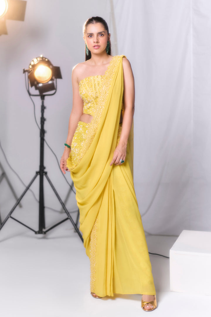 Aiza Yellow Embellished Corset Top With Drape Pant Saree