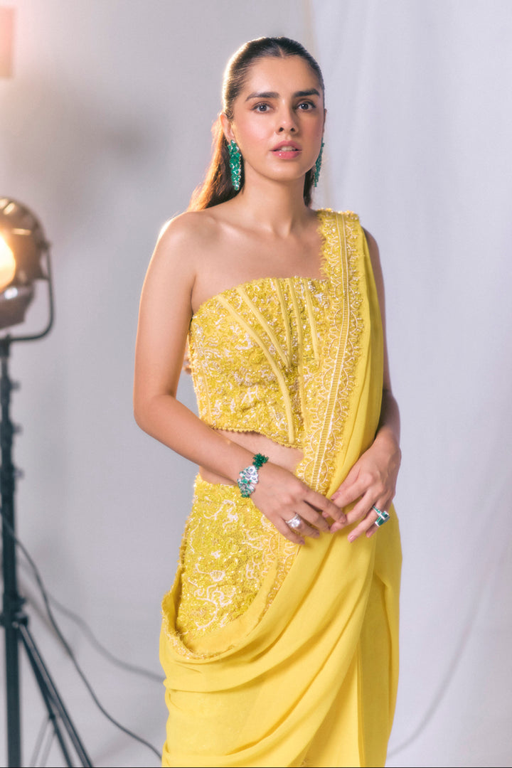 Aiza Yellow Embellished Corset Top With Drape Pant Saree