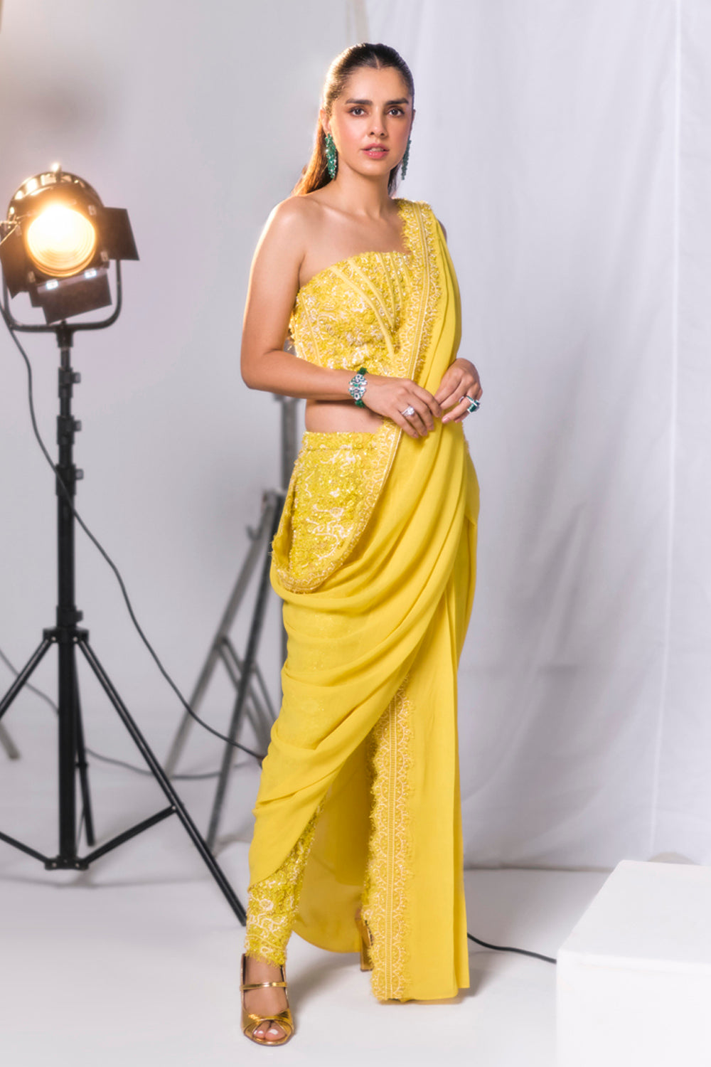 Aiza Yellow Embellished Corset Top With Drape Pant Saree