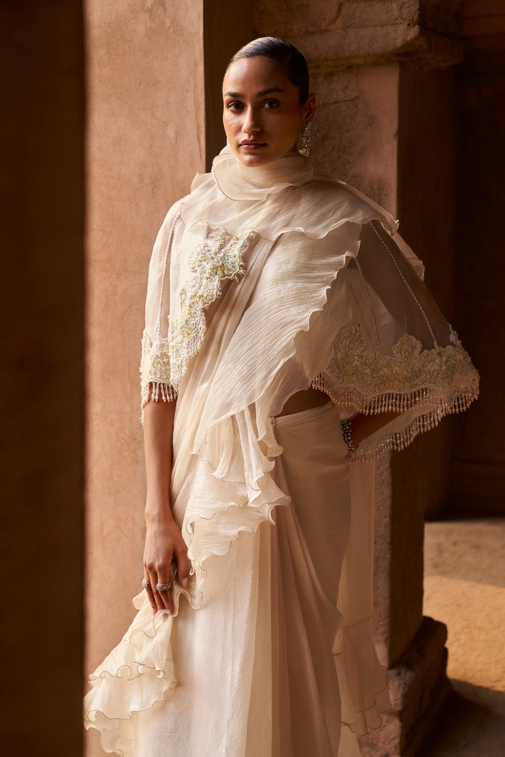 Ivory Whisper Saree With Cape Set