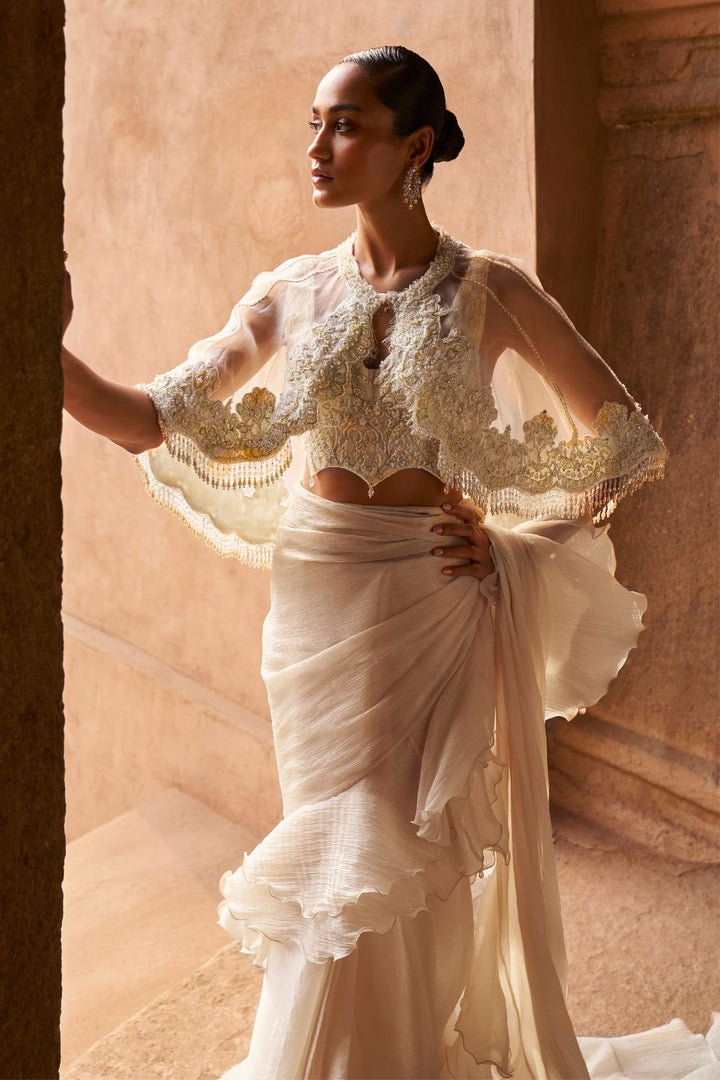 Ivory Whisper Saree With Cape Set