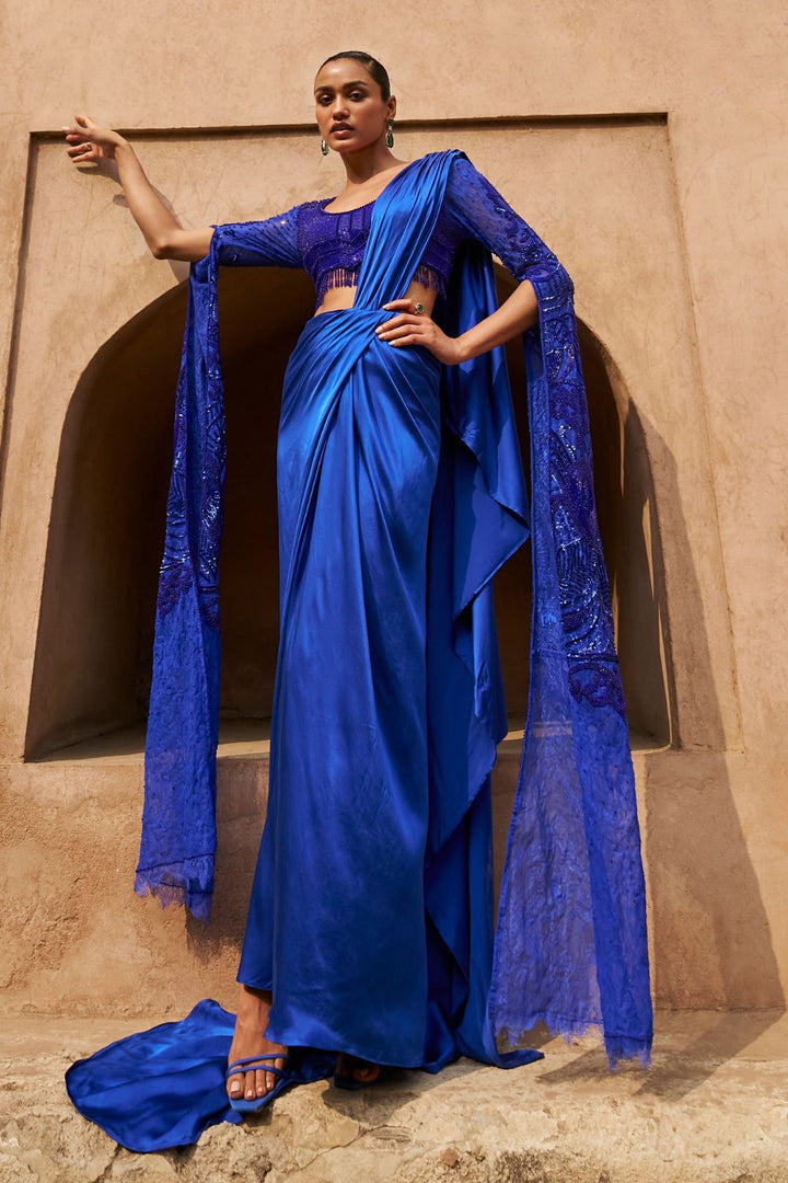 Moonlit Mirage Cape Sleeves and Drape Saree Set