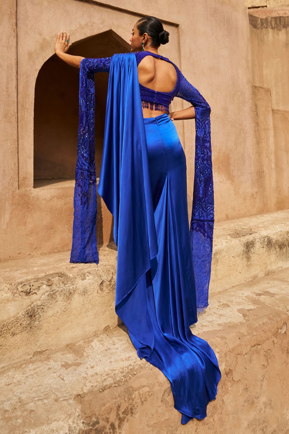 Moonlit Mirage Cape Sleeves and Drape Saree Set