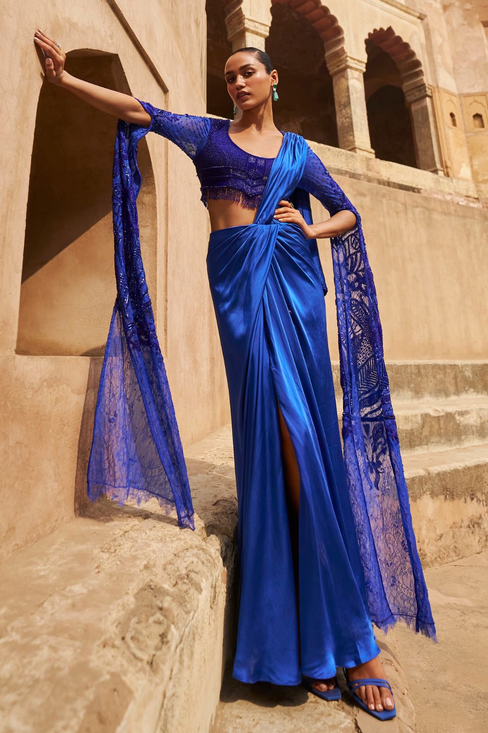 Moonlit Mirage Cape Sleeves and Drape Saree Set