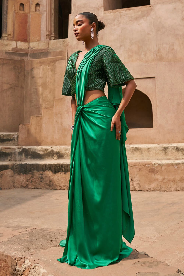 Aurora Borealis Green Saree With Blouse Set