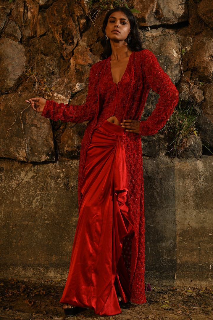 Red Long Jacket And Drape Skirt Set