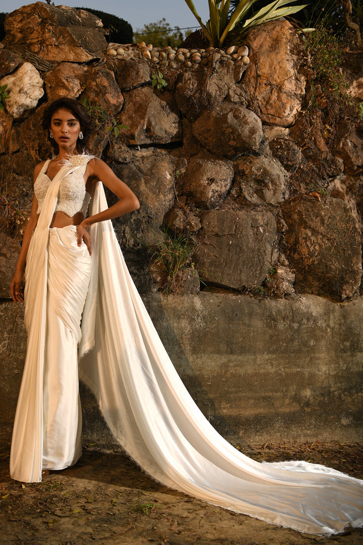 Ivory Stitched Drape Saree Set