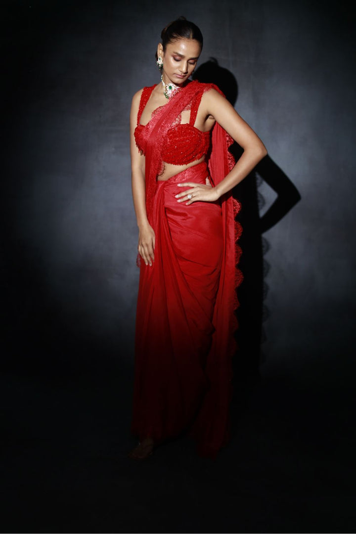 Red Embroidered Ruffled Saree Set