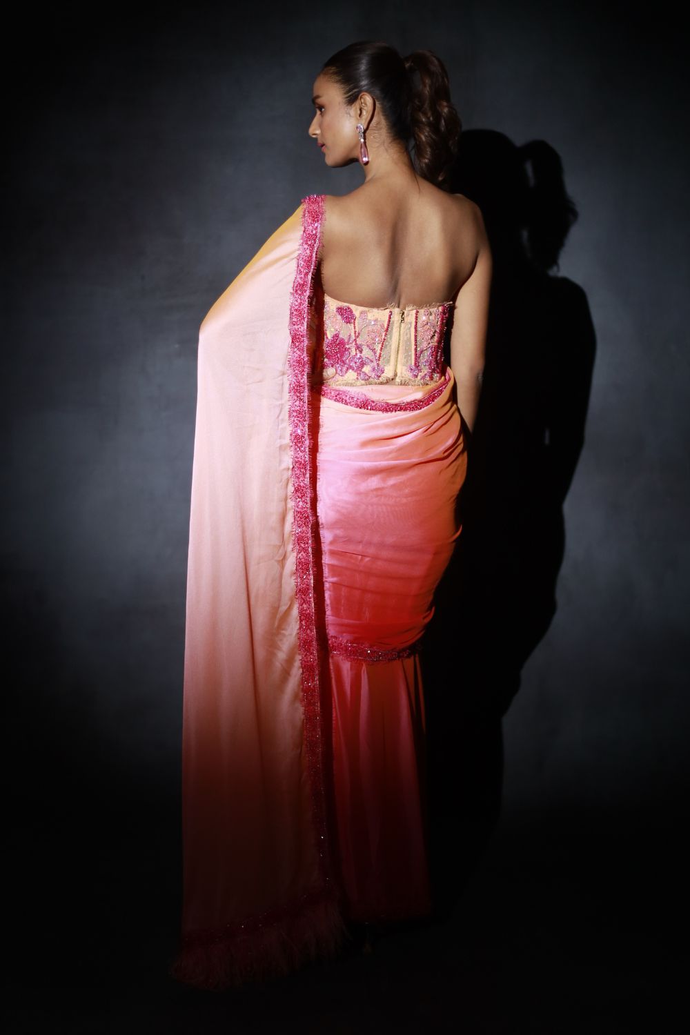 Peach Pink Ombre Saree Set