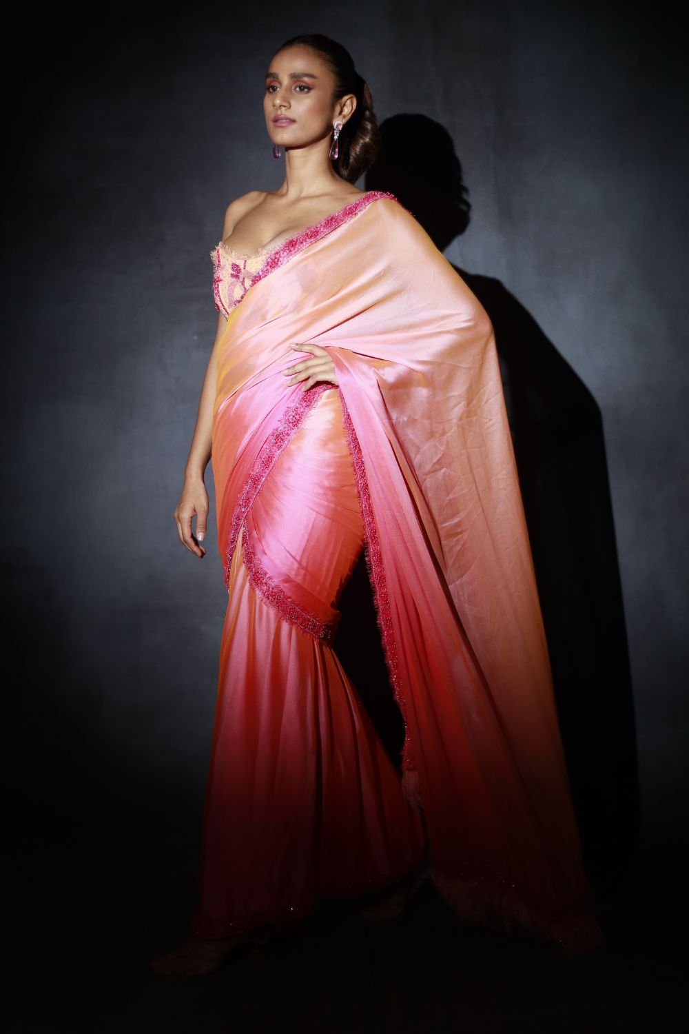 Peach Pink Ombre Saree Set