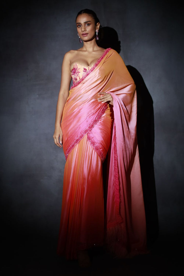 Peach Pink Ombre Saree Set