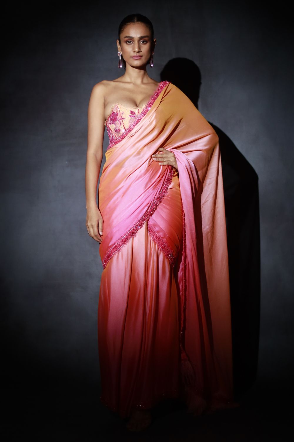 Peach Pink Ombre Saree Set