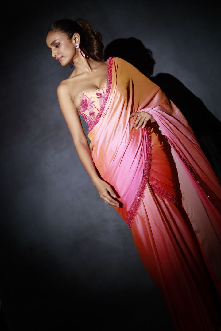 Peach Pink Ombre Saree Set