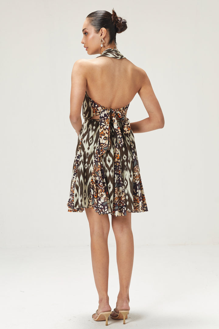 Black And Brown Halterneck Short Dress