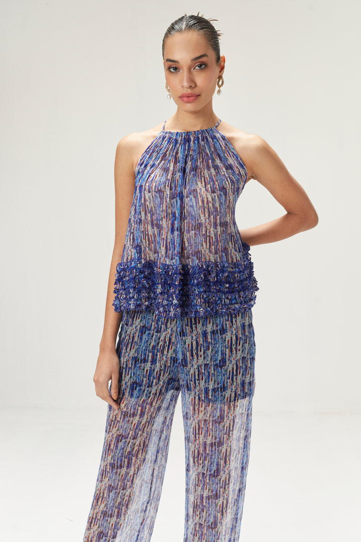 Dark Blue Printed Top And Pants Set